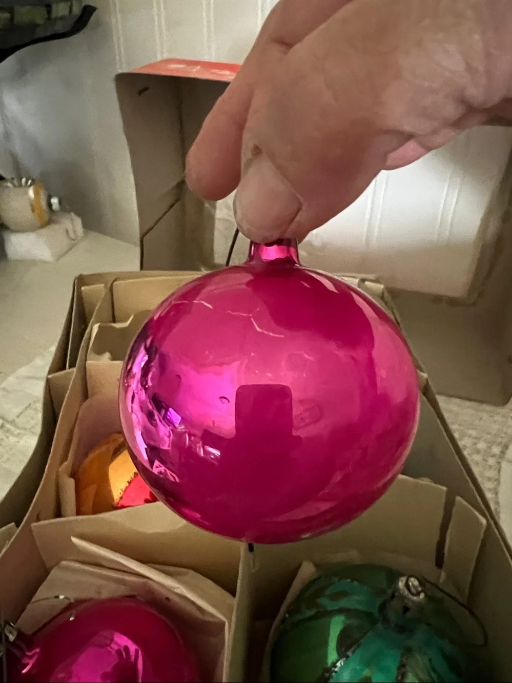 Mixed Lot Vintage Mercury Glass Ornaments hot pink & decorated mica